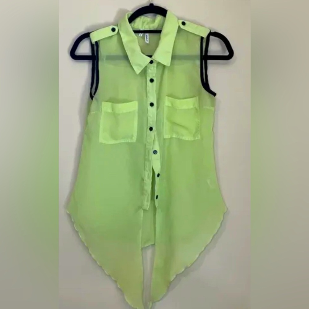 Sheer sleeveless button-up top/swim cover-up